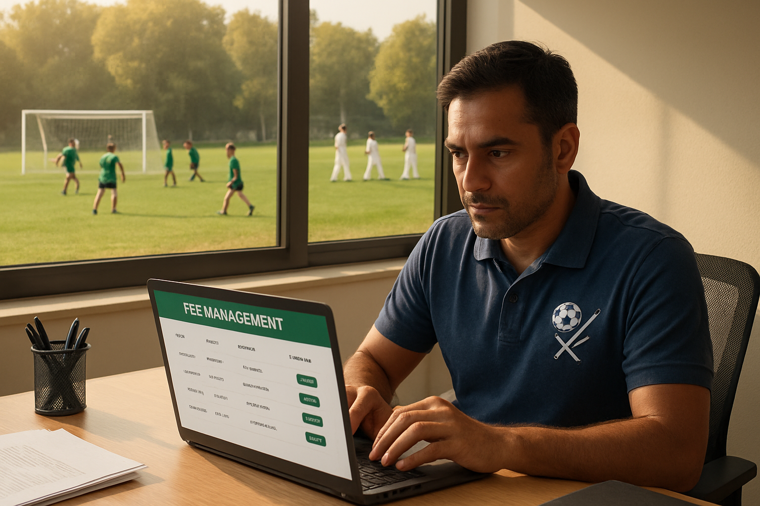 Football and cricket academy administrator managing digital fee records on a laptop with players training in background