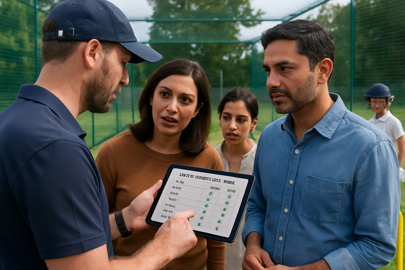 Coach using a tablet to check player attendance and fee payment status while interacting with parents at cricket nets