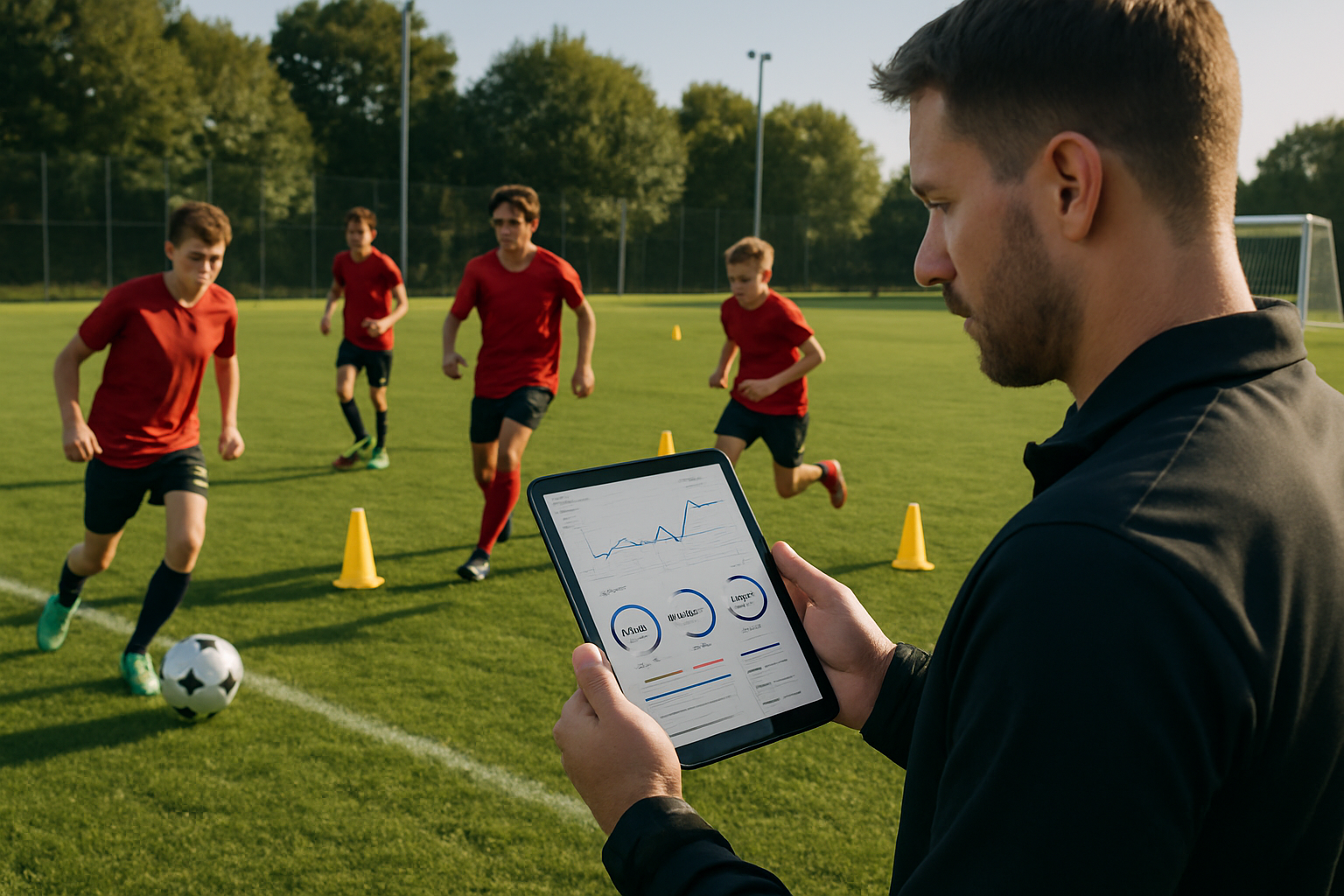 youth football coach using tablet to analyze player performance during training session