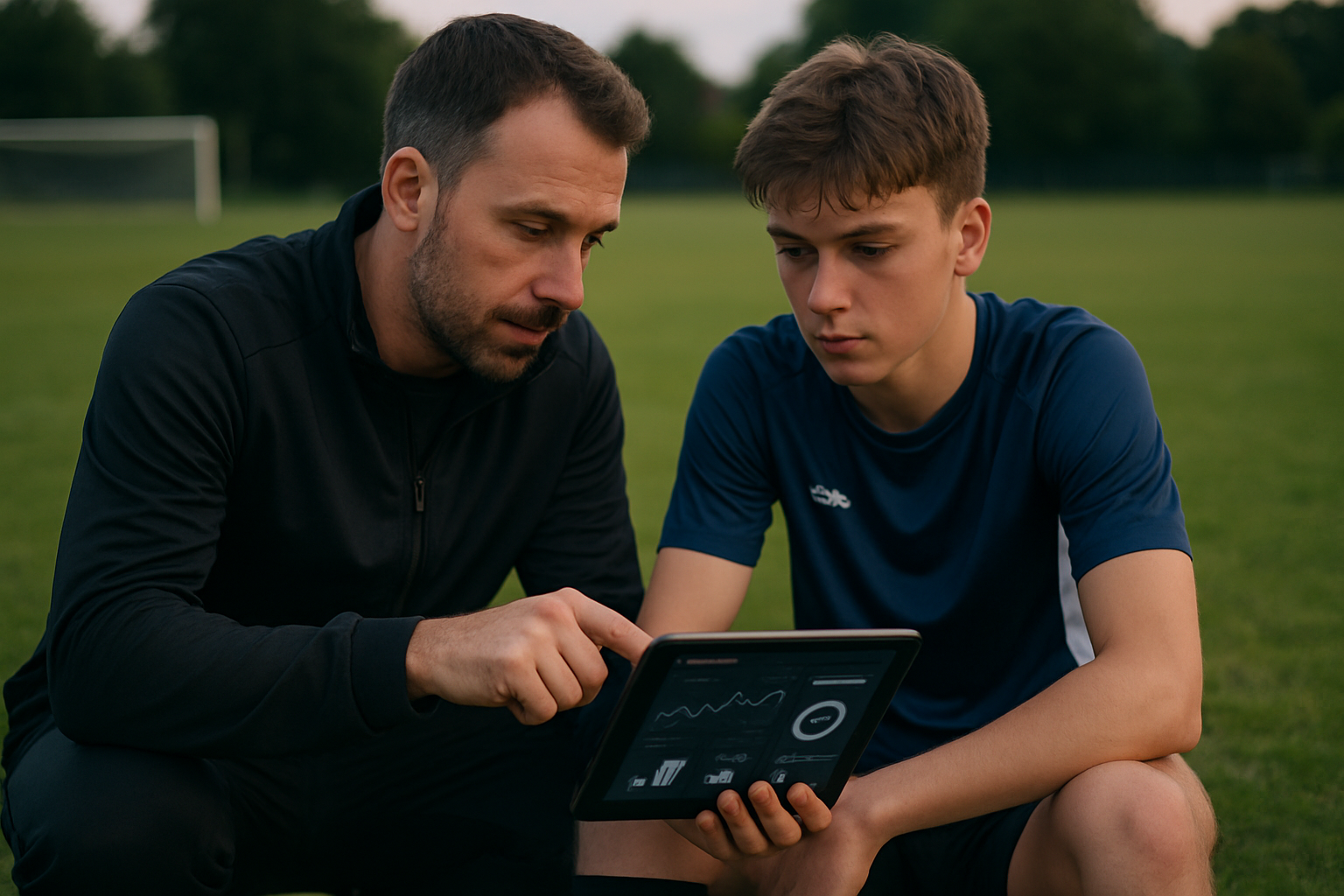 coach and player reviewing performance metrics on tablet post training