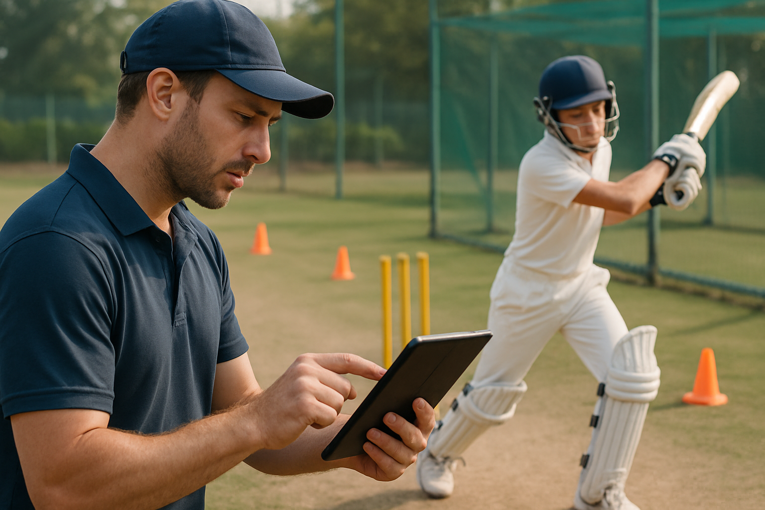 Youth cricket coach using AI technology to analyze player batting form at grassroots academy
