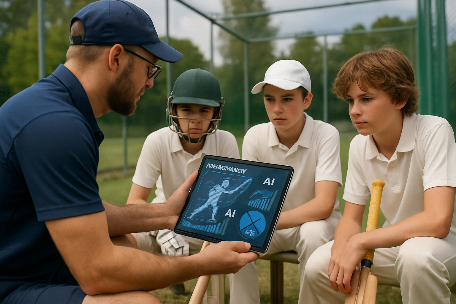 Coach reviewing AI-generated cricket performance data with young players during training