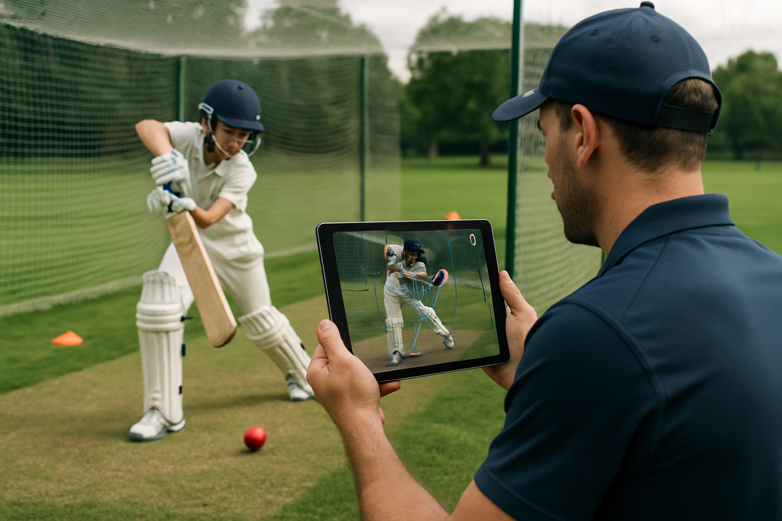 Coach analyzing youth cricket batting technique using AI video analysis in academy nets
