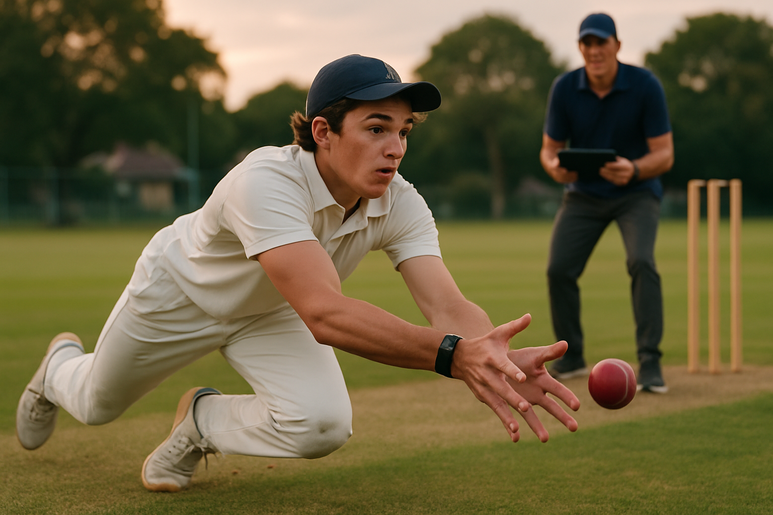 Young cricketer wearing fitness tracker during fielding drills in grassroots academy
