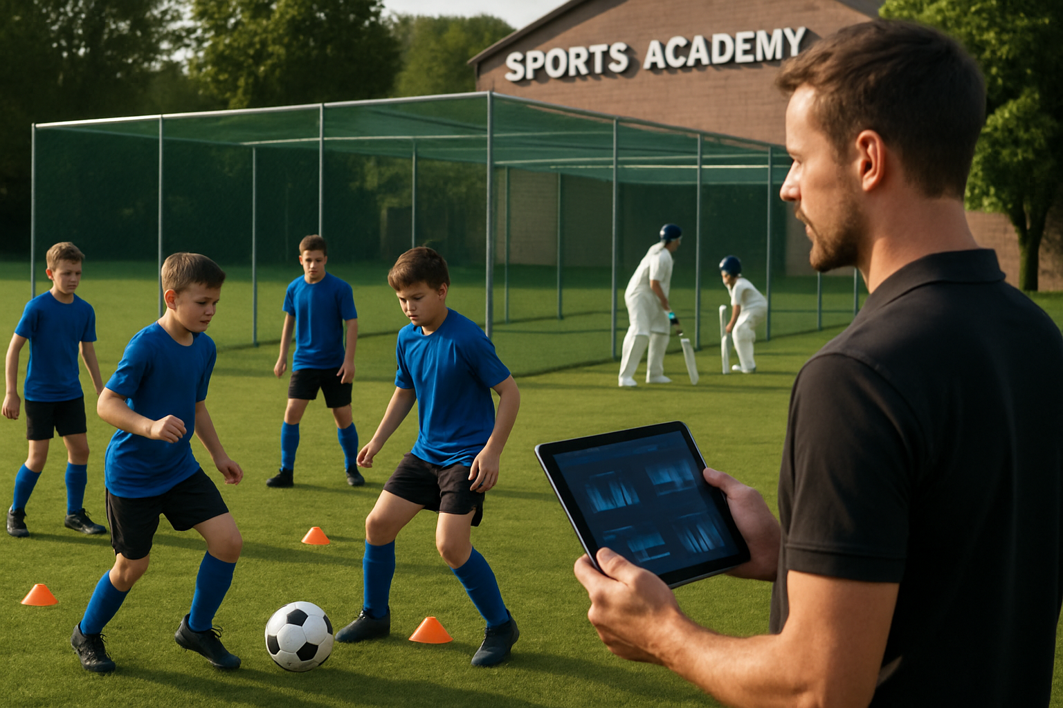 Youth football and cricket players engaged in an AI-assisted training session with a coach analyzing performance using a tablet