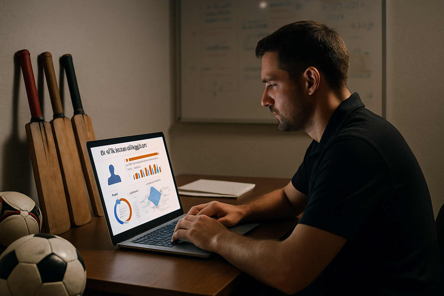 Coach reviewing AI-generated player performance reports on a laptop during a football and cricket academy training break