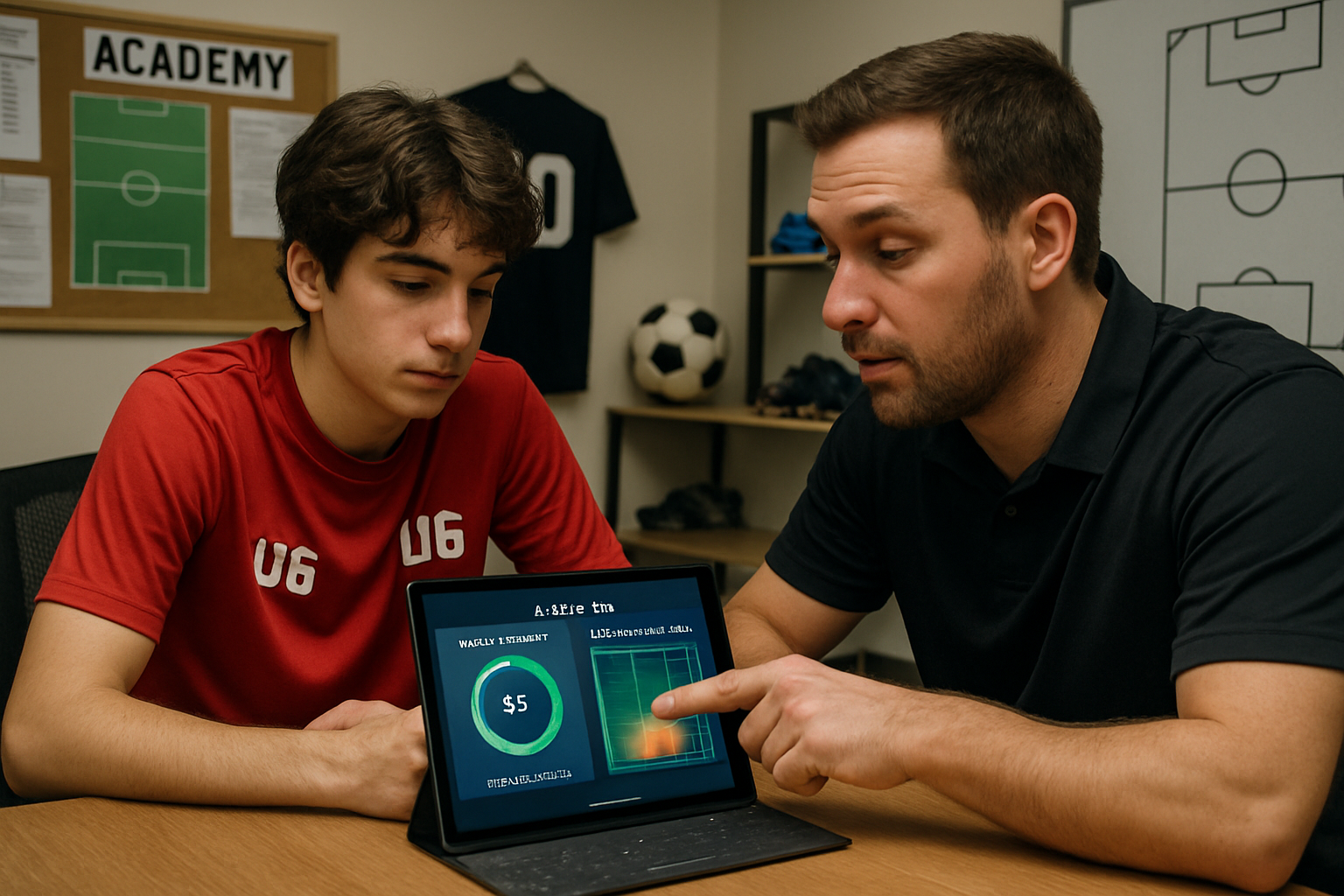Football coach and player reviewing AI-generated passing and shooting statistics on a tablet in an academy environment