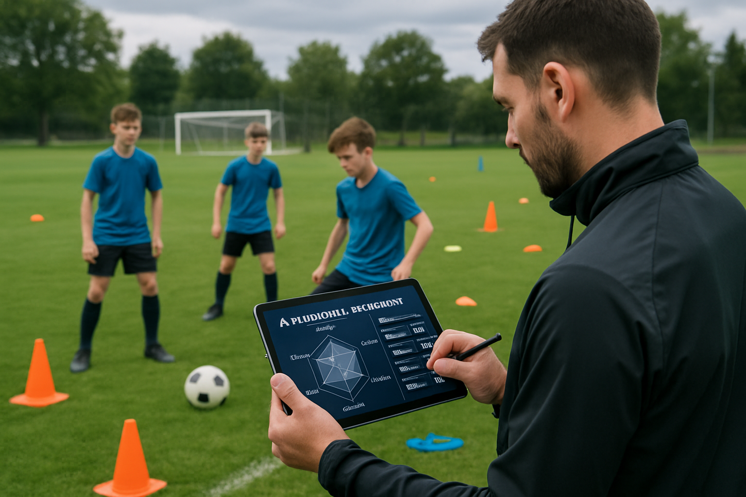 Coach using a tablet to review AI-generated player skill data during a youth football training session