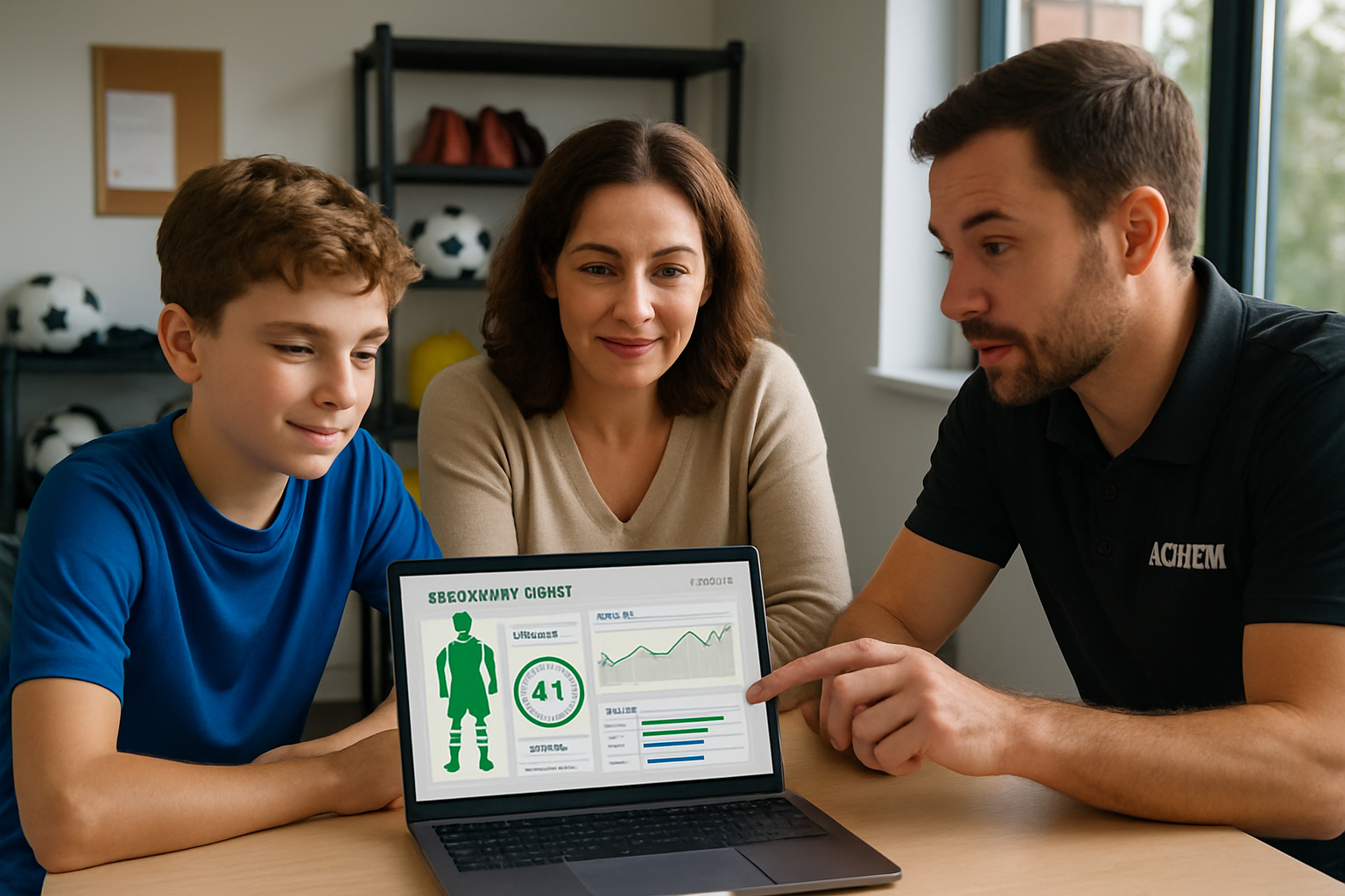 Player and parent reviewing AI-based performance reports on a laptop at a youth football academy