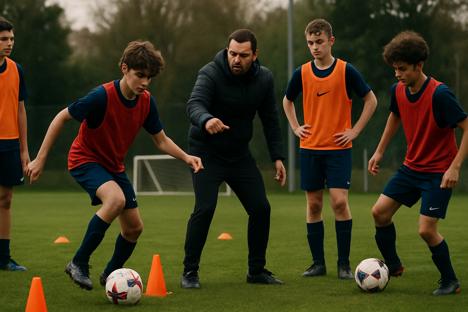 Youth football training session focused on active player engagement and coaching feedback