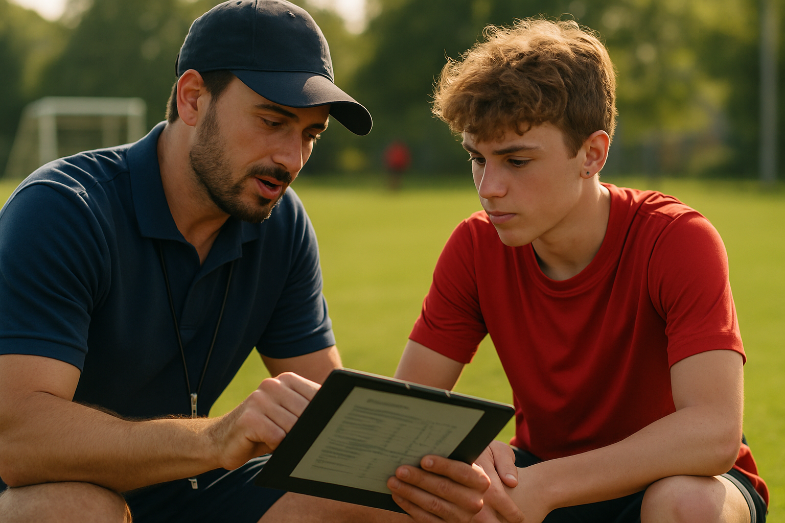 Coach reviewing detailed player development data with a youth player during training
