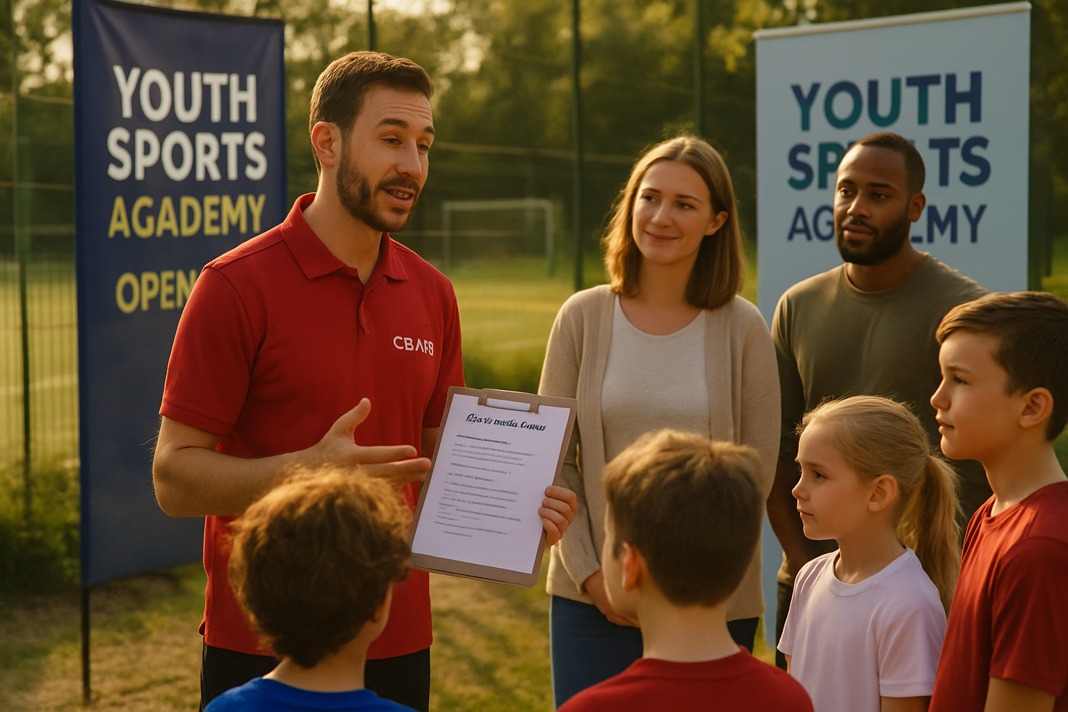 Youth coach interacting with parents and players at a local sports academy open day