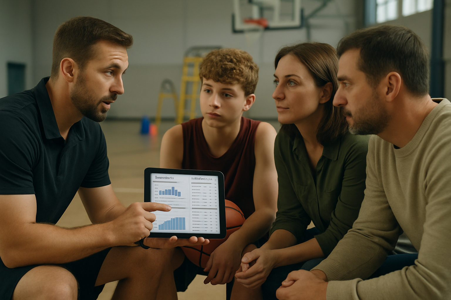 Academy coach reviewing player assessment reports on a tablet with parents during a training session