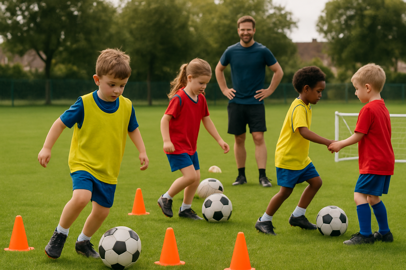 young children playing football in a grassroots training session