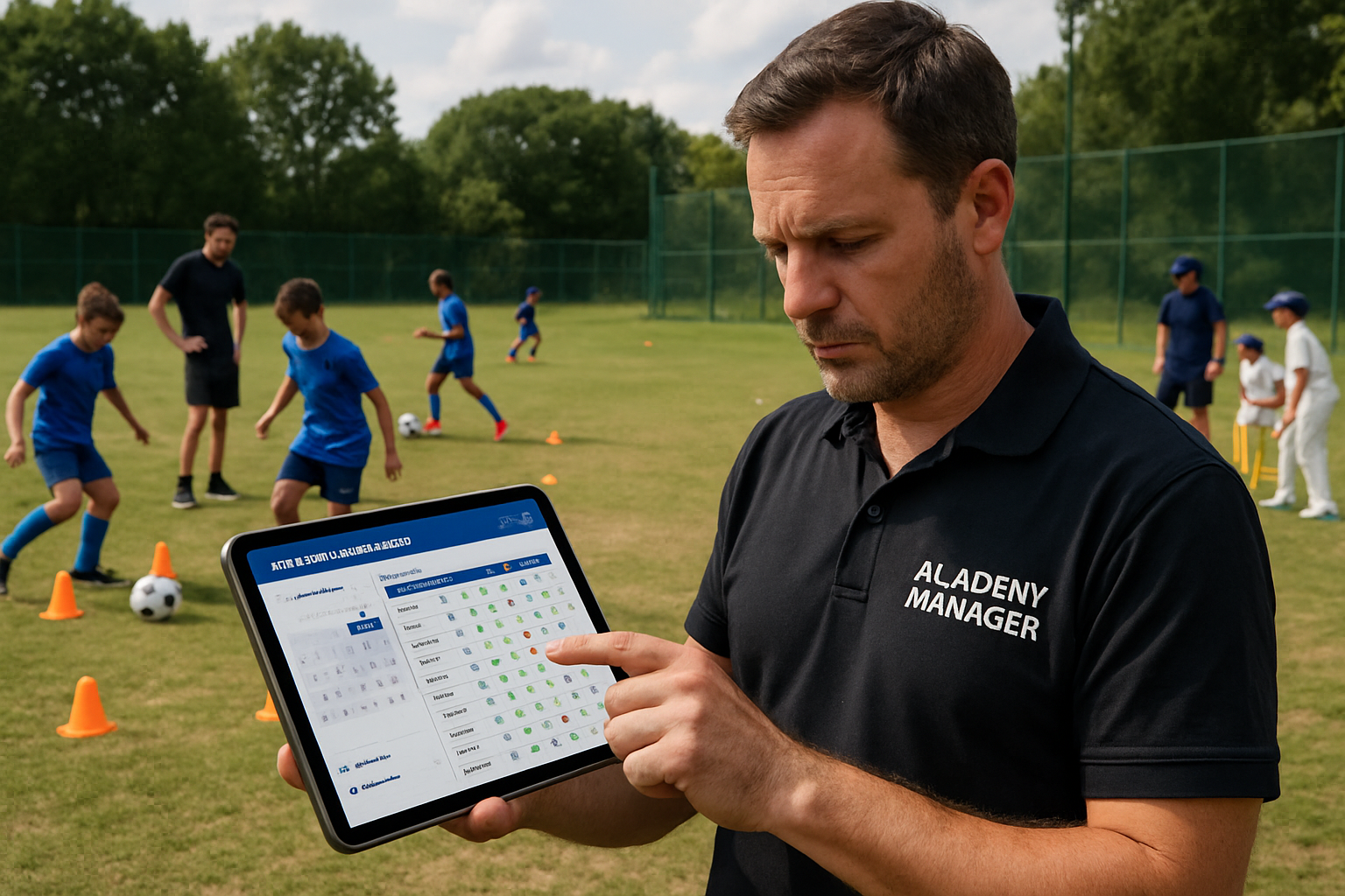 Football and cricket academy manager using a digital app on tablet at a training ground