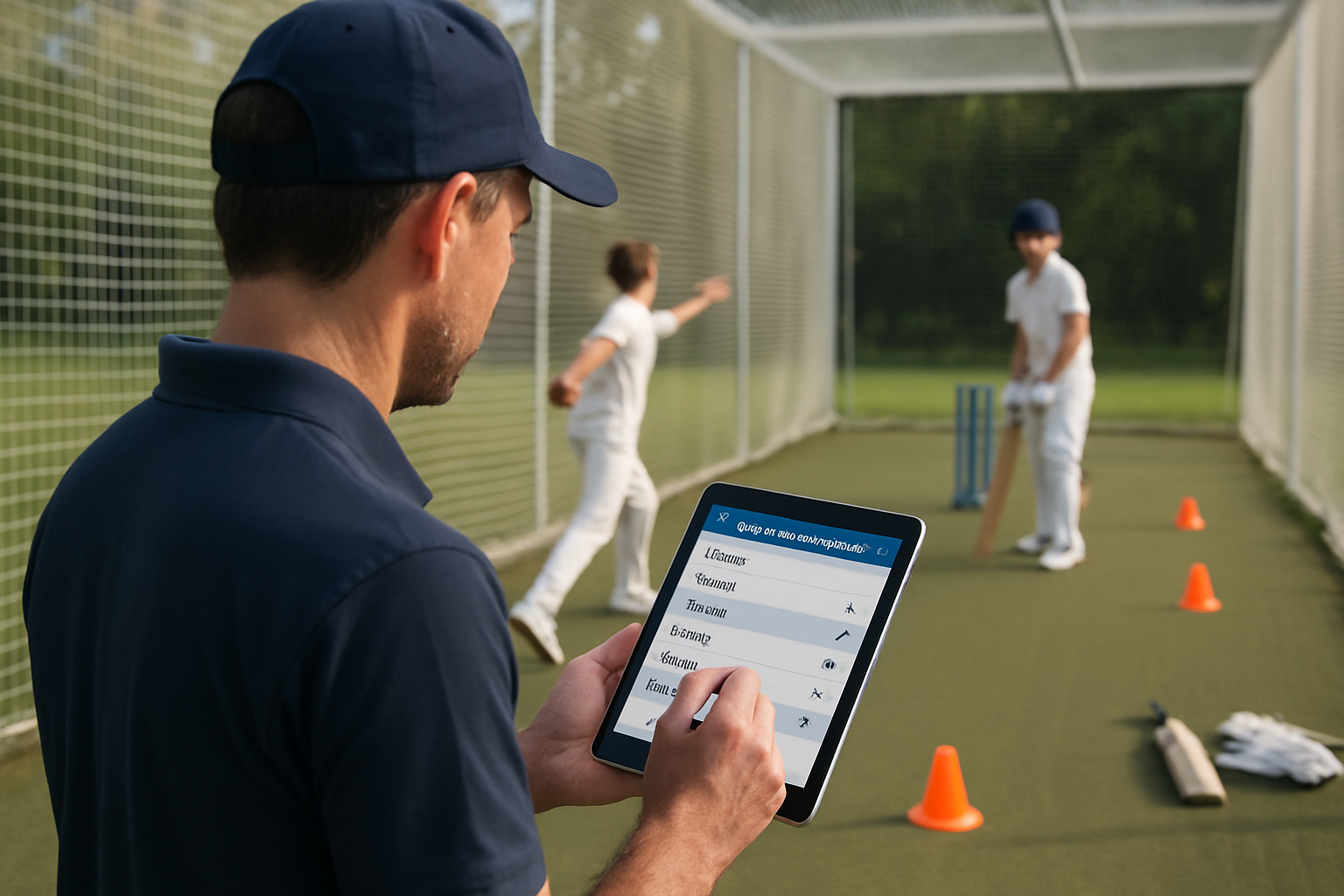 Coach taking digital notes and assessing cricket players in a net session