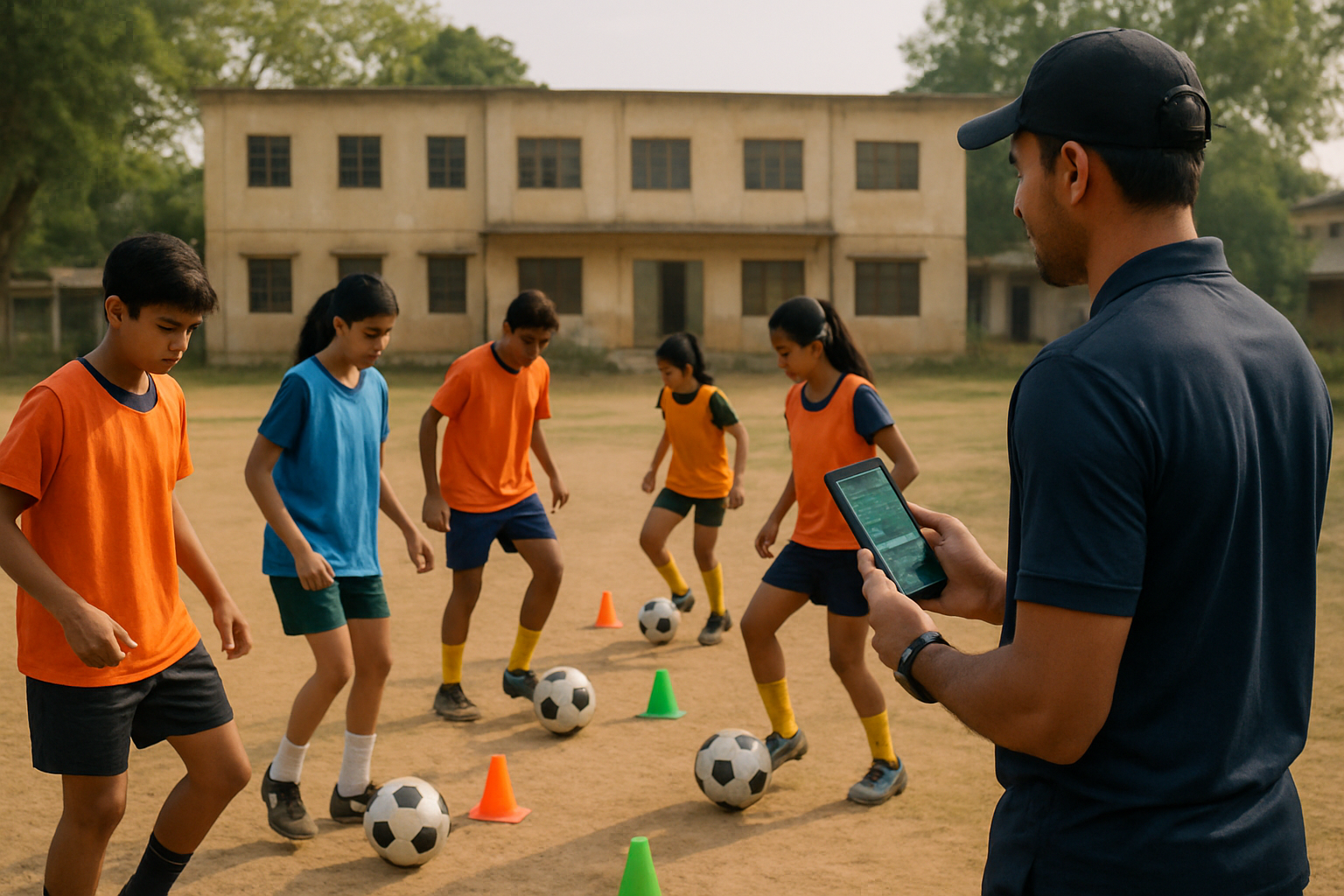 Youth football players training with mobile app guidance on a local academy field in India