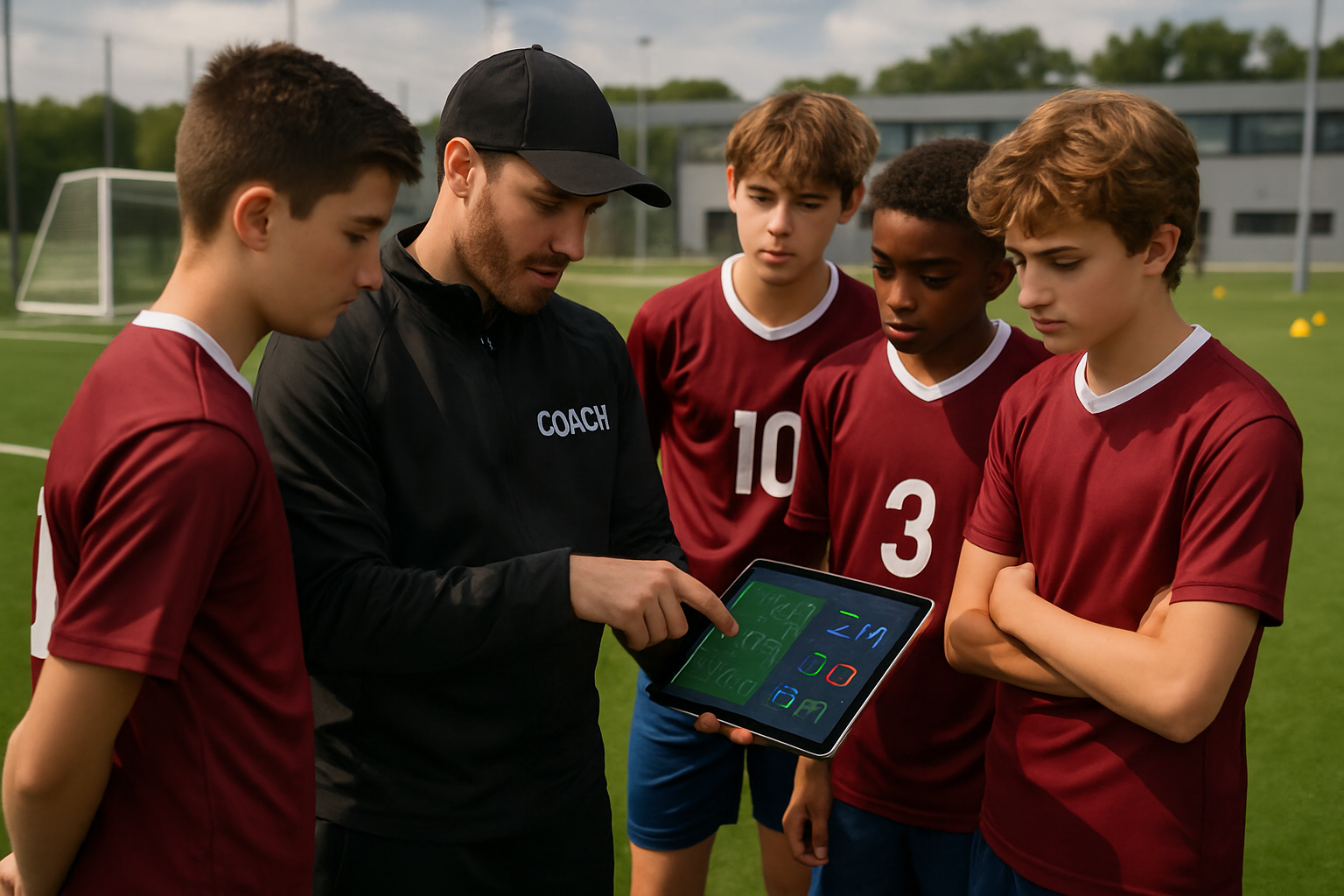 Coach and young players reviewing football performance data on a tablet during outdoor practice