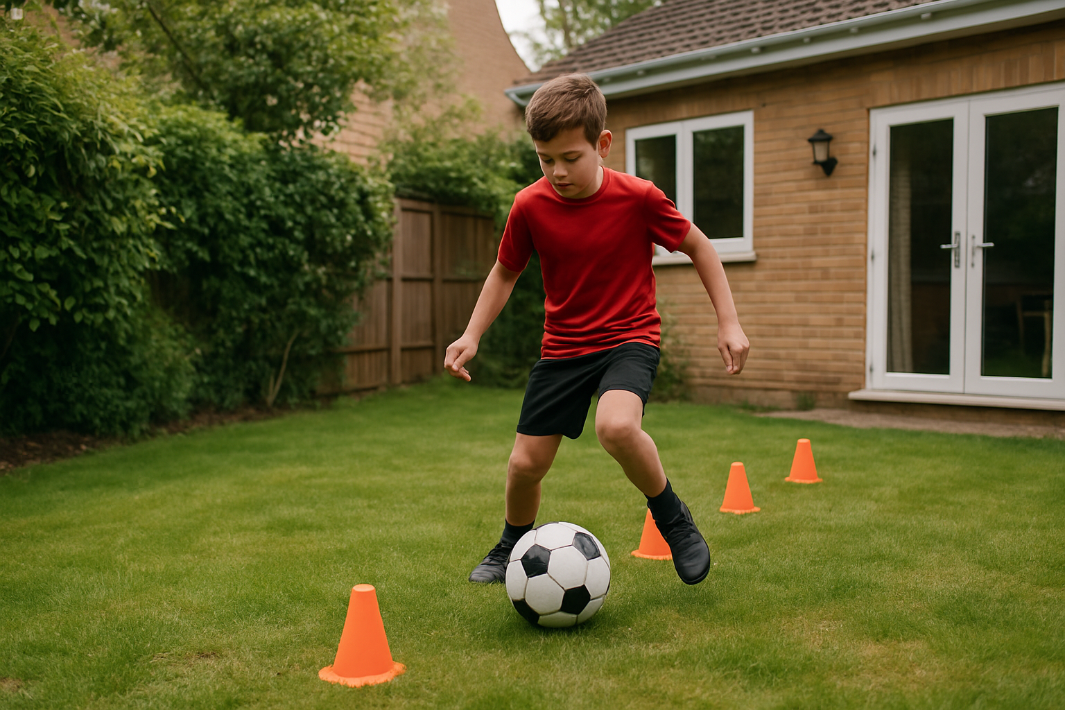young football player practicing solo drills with a ball at home garden