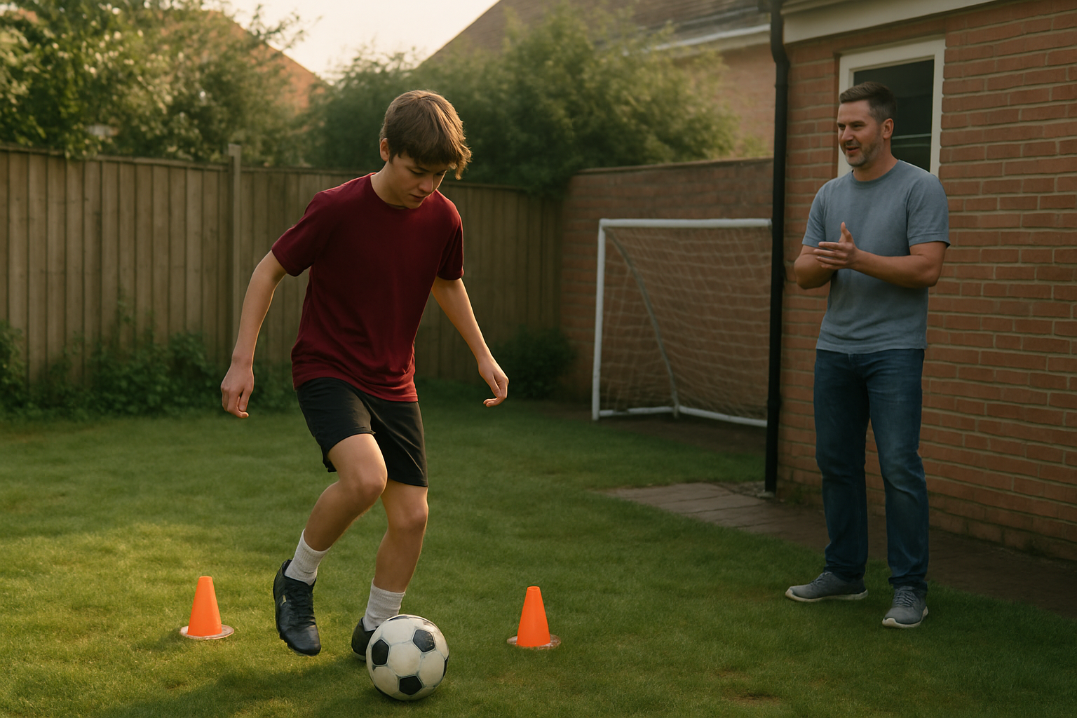 parent supporting youth player during solo football training at home