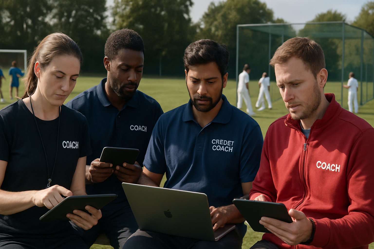 Football and cricket coaches using academy management software on tablets during a training session