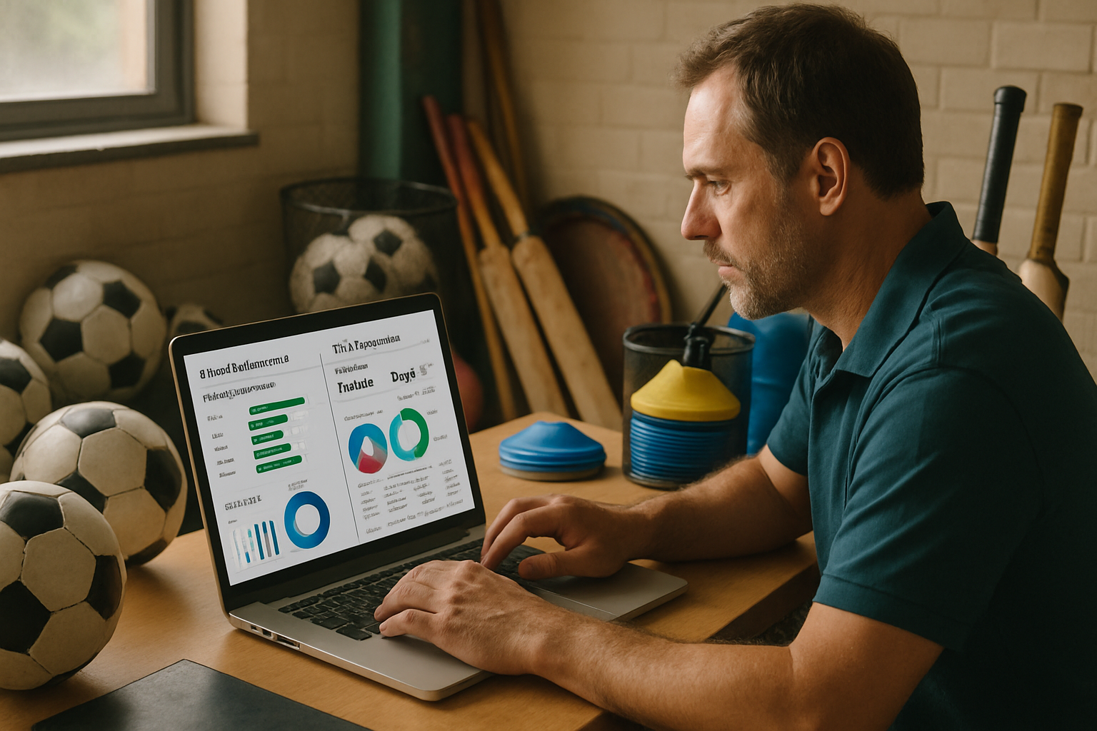 Academy owner reviewing player performance reports on a laptop in an office with sports gear
