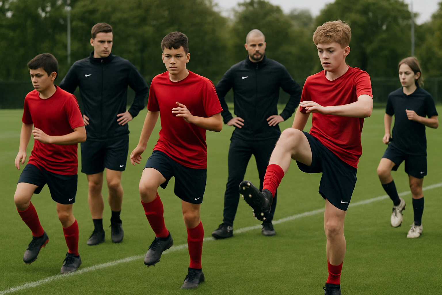 Youth football players performing dynamic warm-up exercises on a grass pitch with coaches guiding