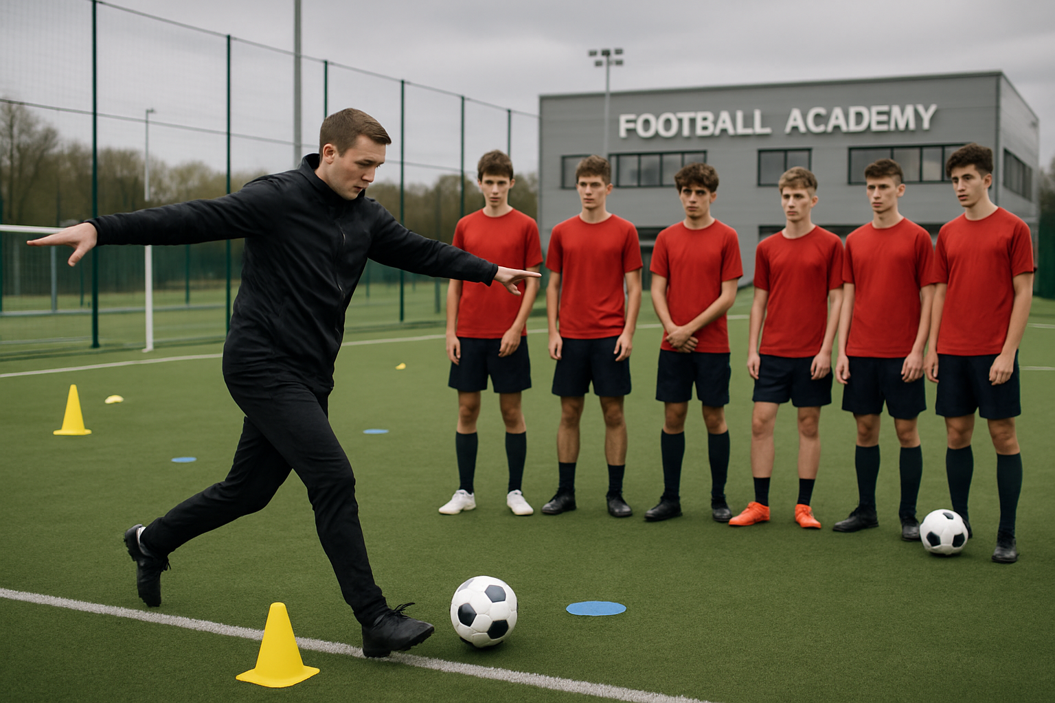 Coach demonstrating football-specific warm-up drills to teenage players in an academy training session