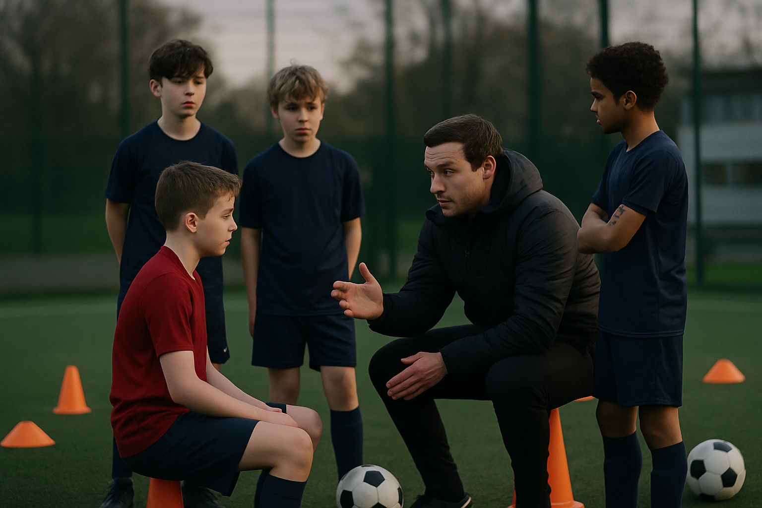coach giving feedback to young football players in a training environment
