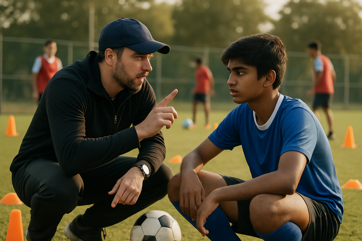 Coach providing individual feedback to young Indian football player during academy training