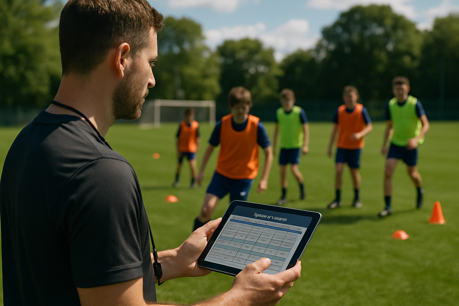 Youth football coach managing training session with digital tablet on football field