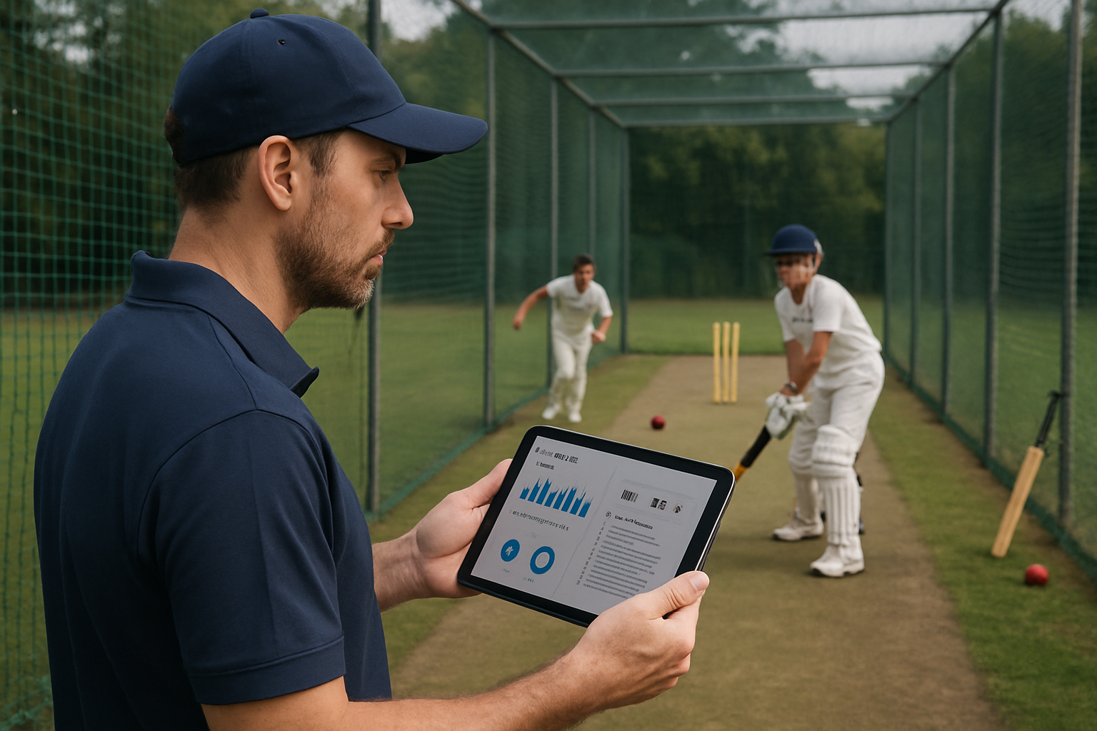 Cricket coach reviewing player assessments on a tablet during net practice