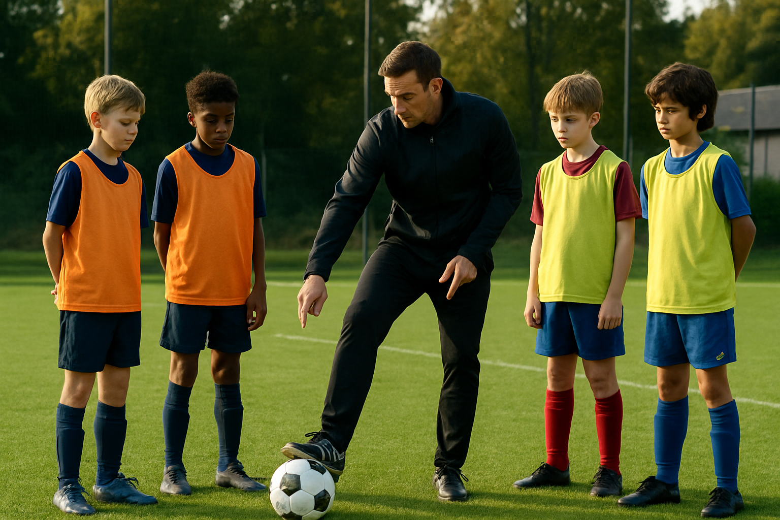 Youth football coach correcting passing technique during training
