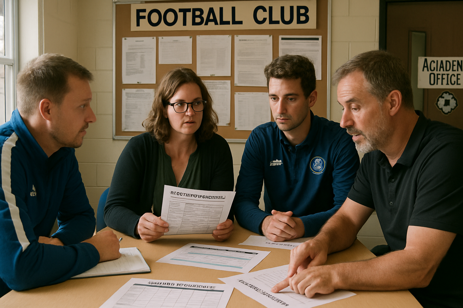 Youth football coaches and club staff in a meeting discussing club roles and player development planning