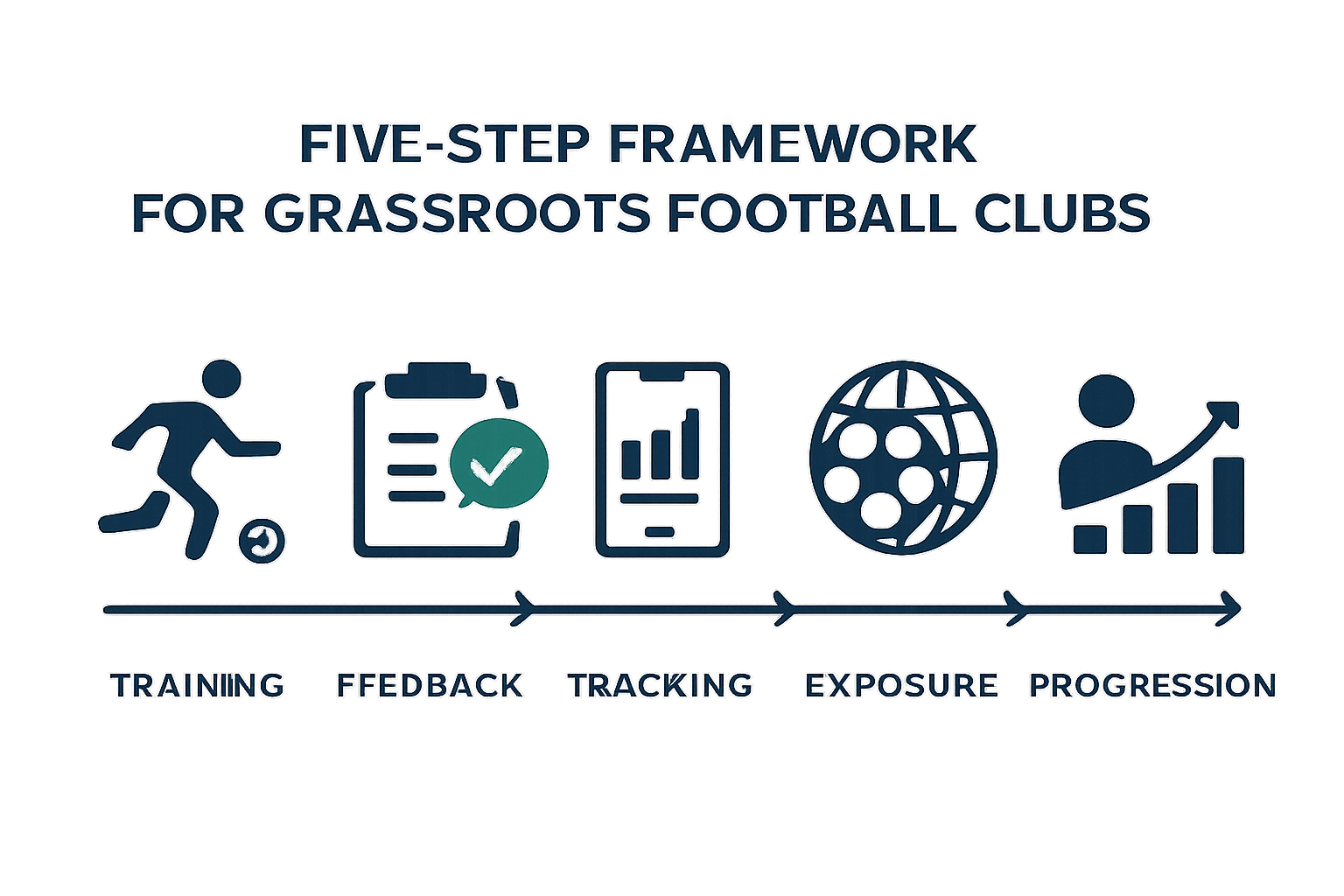 Infographic showing a simple operational framework for grassroots football clubs: Training, Feedback, Tracking, Exposure, Progression