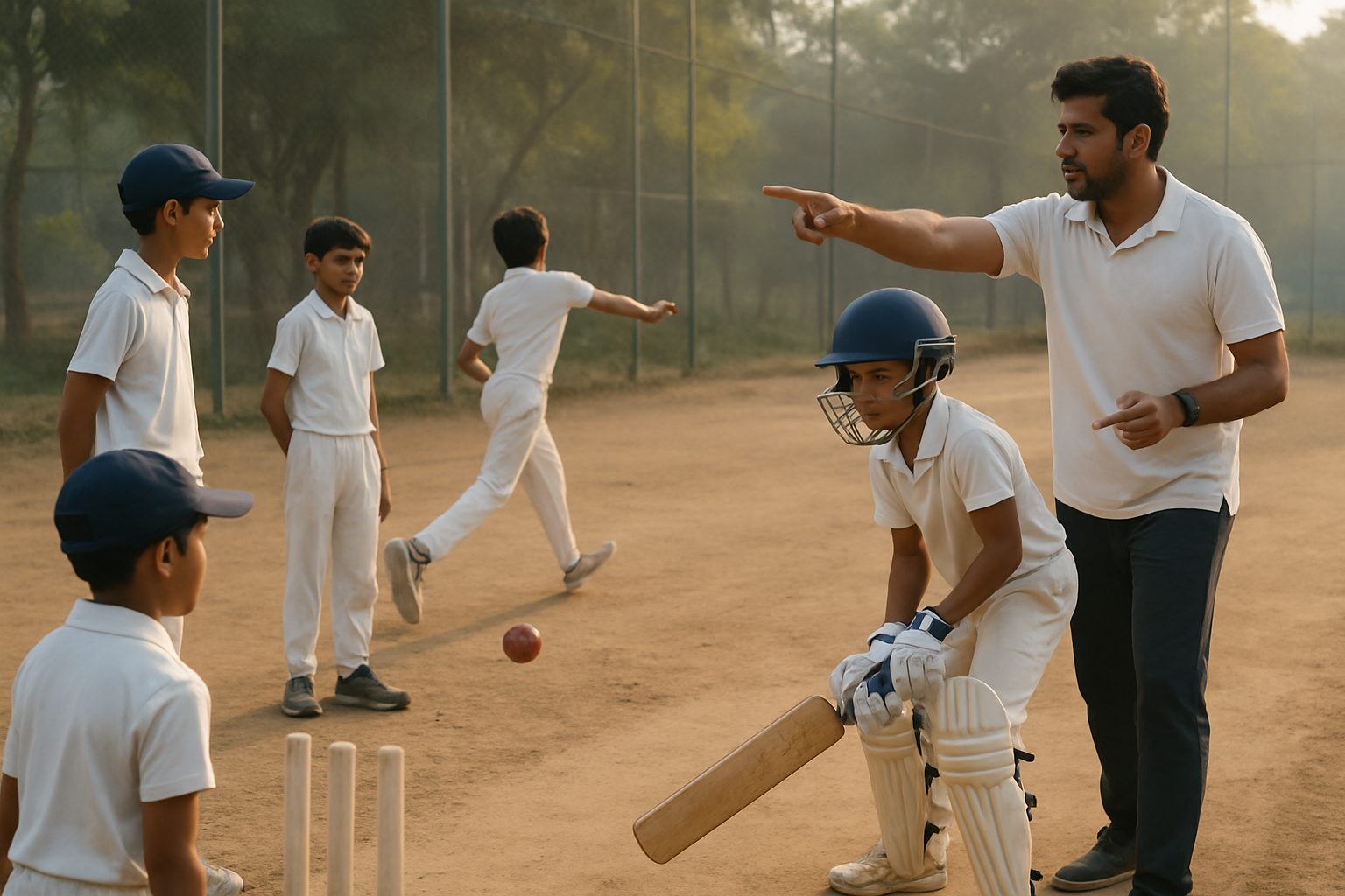Youth cricket training session at a local Indian academy with players and coach