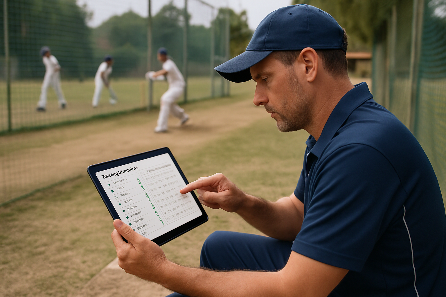 Coach managing cricket player registrations and training schedules on a tablet at a grassroots cricket academy
