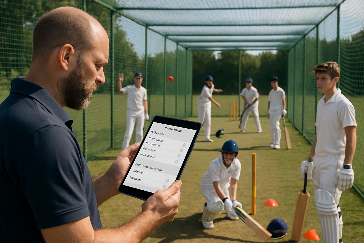 Coach marking attendance and entering player skill assessments during a cricket training session