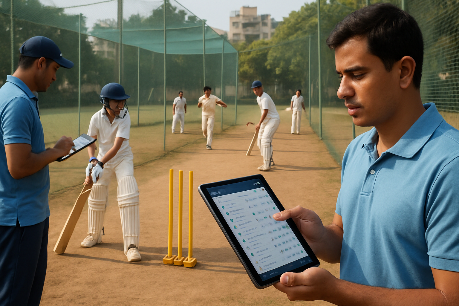 Cricket academy coaches and players using digital tablets during a training session