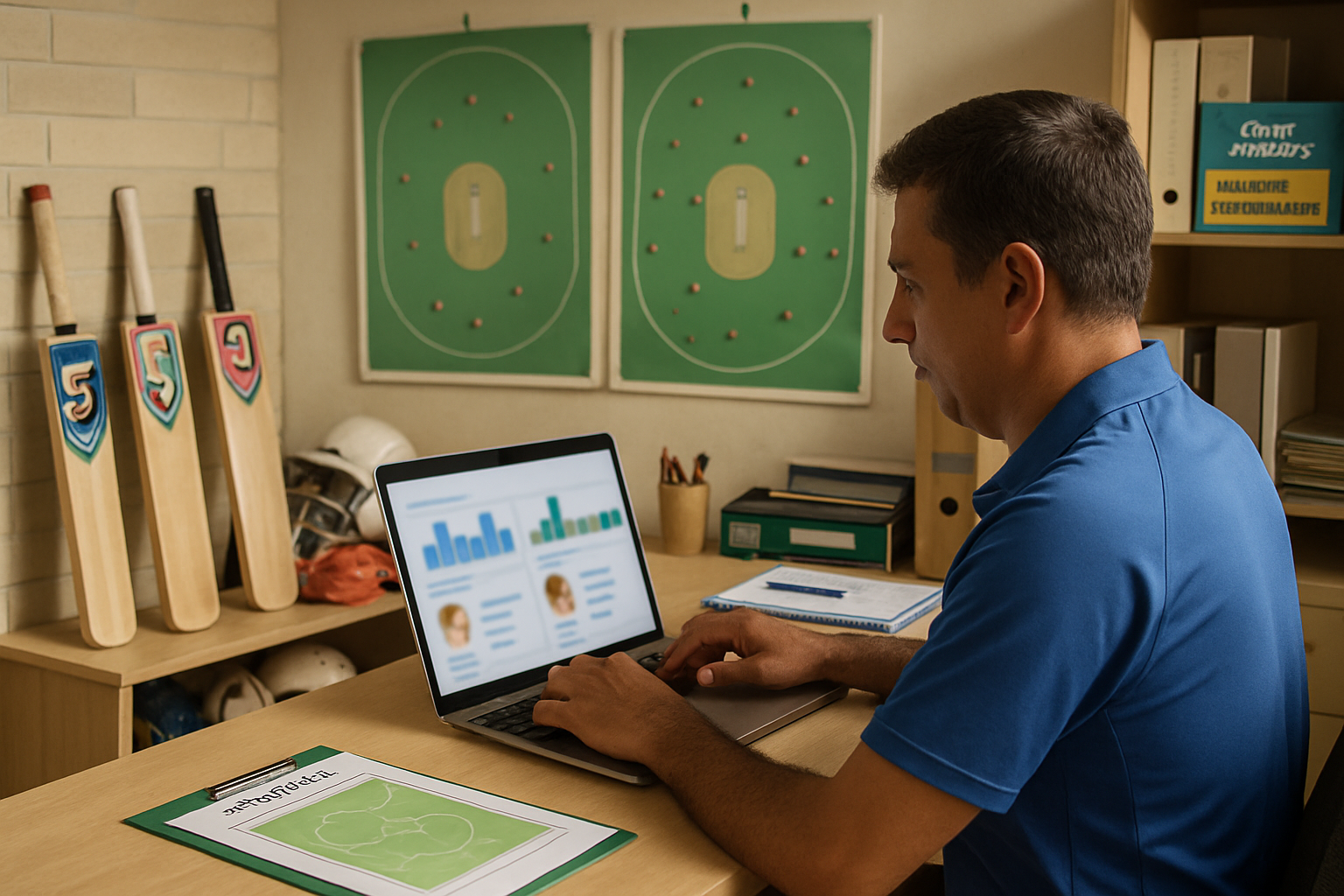 Coach reviewing cricket player performance reports on a laptop in an academy office