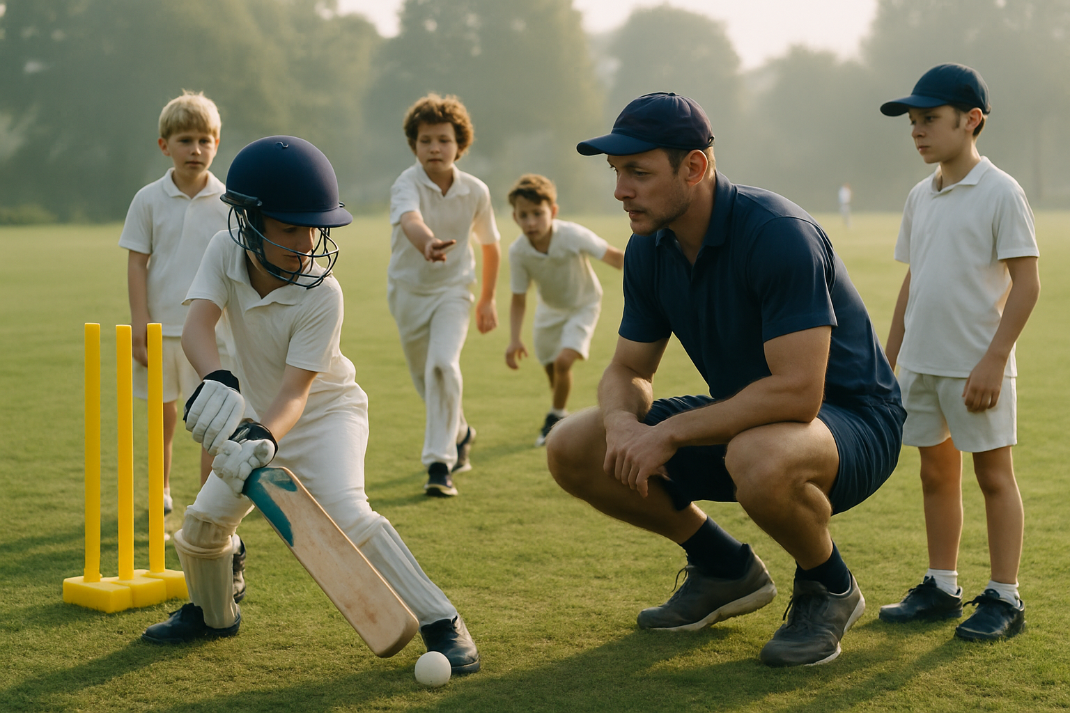 Youth cricket coaching session with children and coach evaluating training on a grassy local pitch