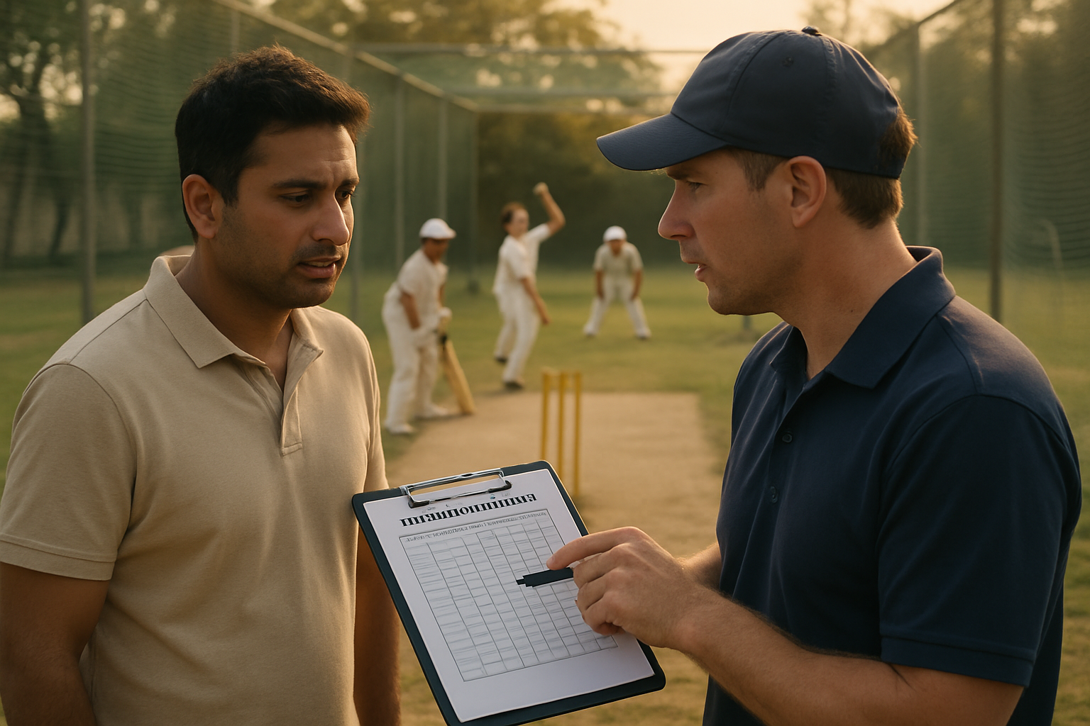 Parent and coach discussing child development and training progress at a cricket academy ground