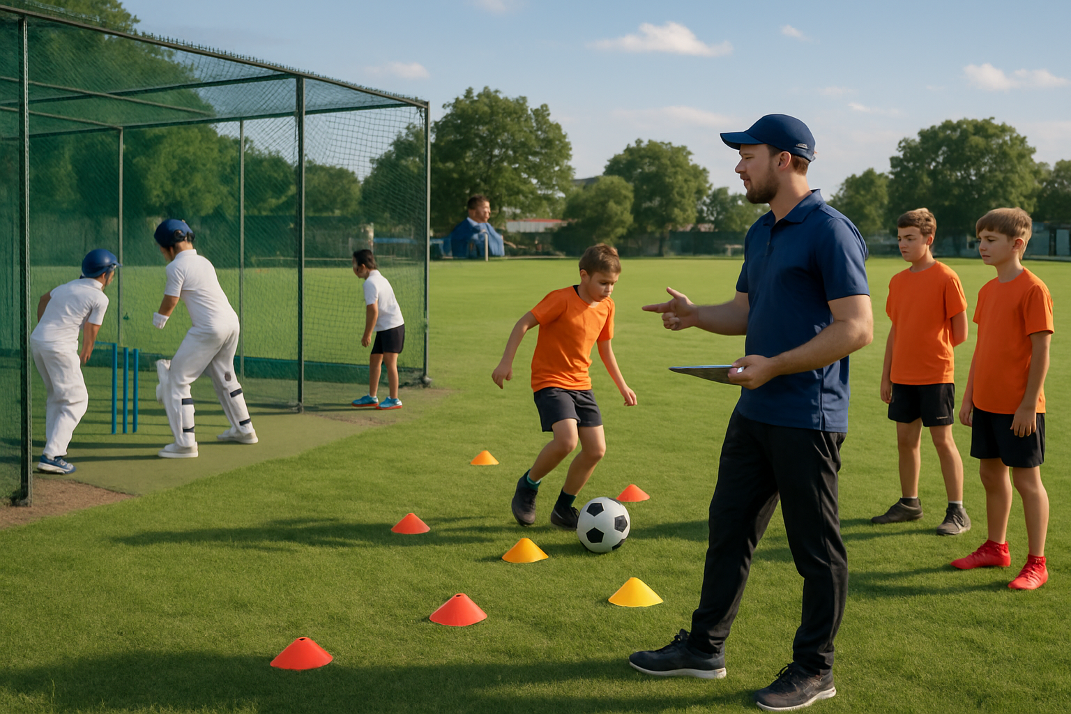 Coach managing a combined cricket and football training session with young players in a grassroots academy