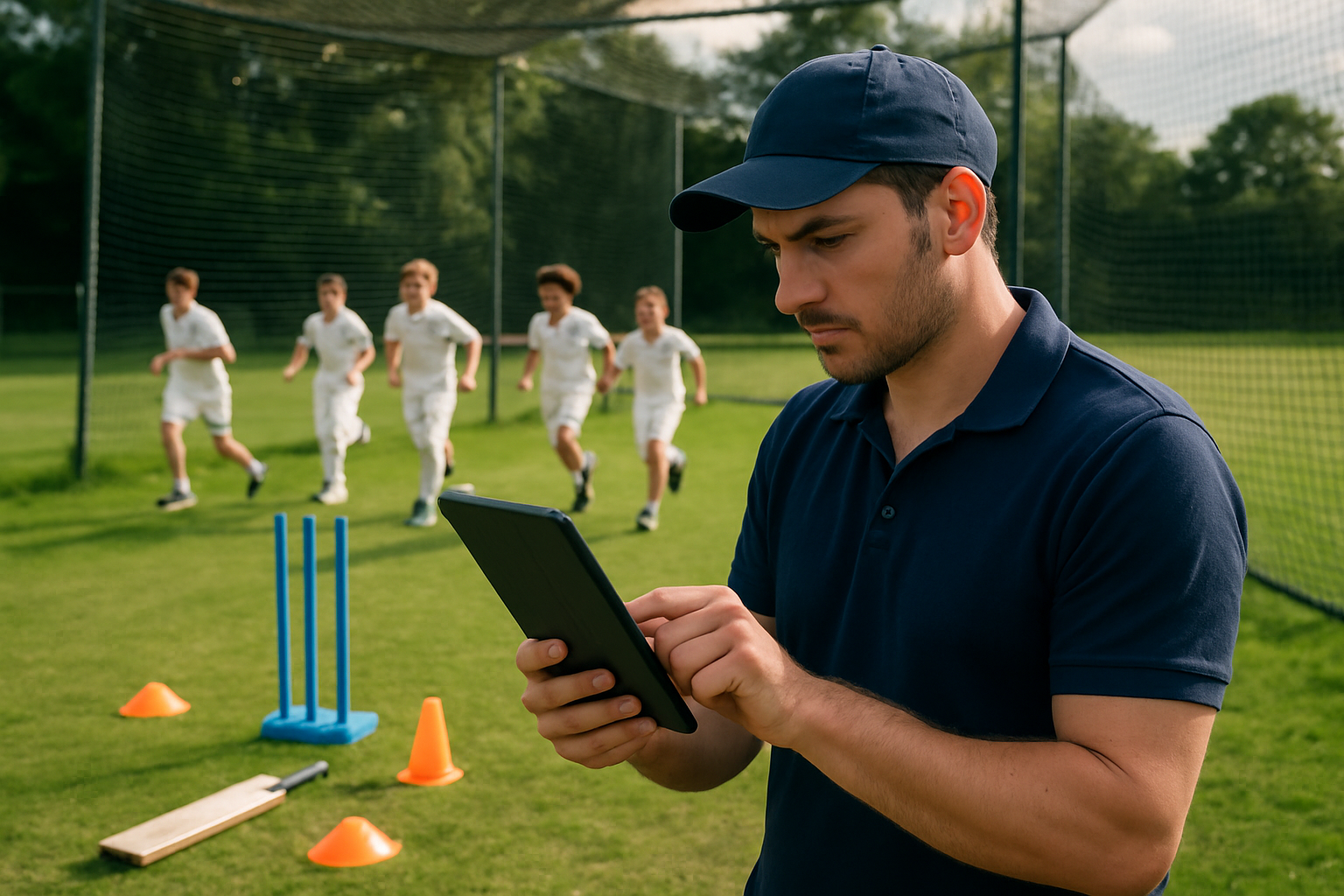 Grassroots cricket coach planning training session on tablet at local cricket nets