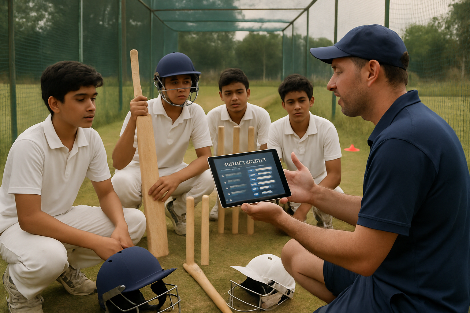 Coach giving feedback to youth cricket players after batting practice with a coaching app