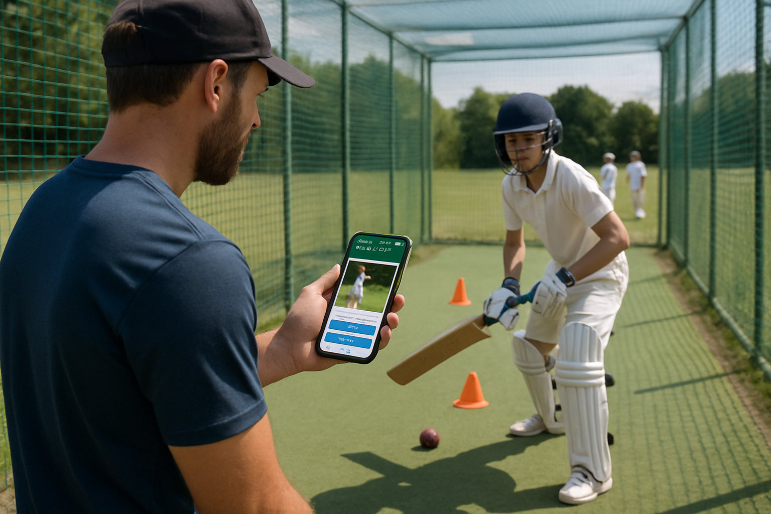 Cricket coach using a mobile coaching app to analyze a young player’s batting technique during net practice