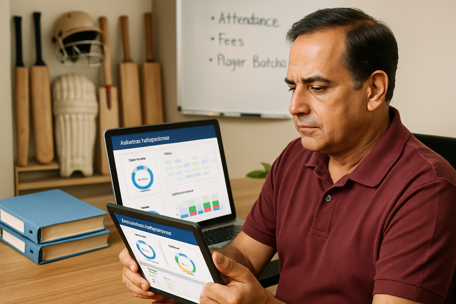 Cricket academy manager reviewing digital attendance and fee records on a tablet in office setting