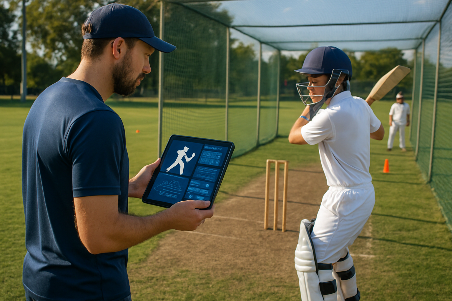 Coach using cricket player assessment app on tablet during youth batting net session