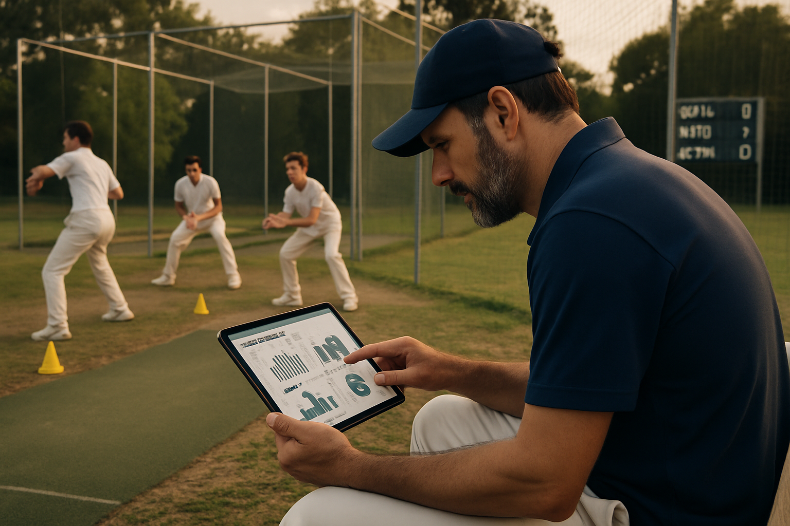 Coach reviewing bowling and fielding performance data on a digital tablet with players nearby