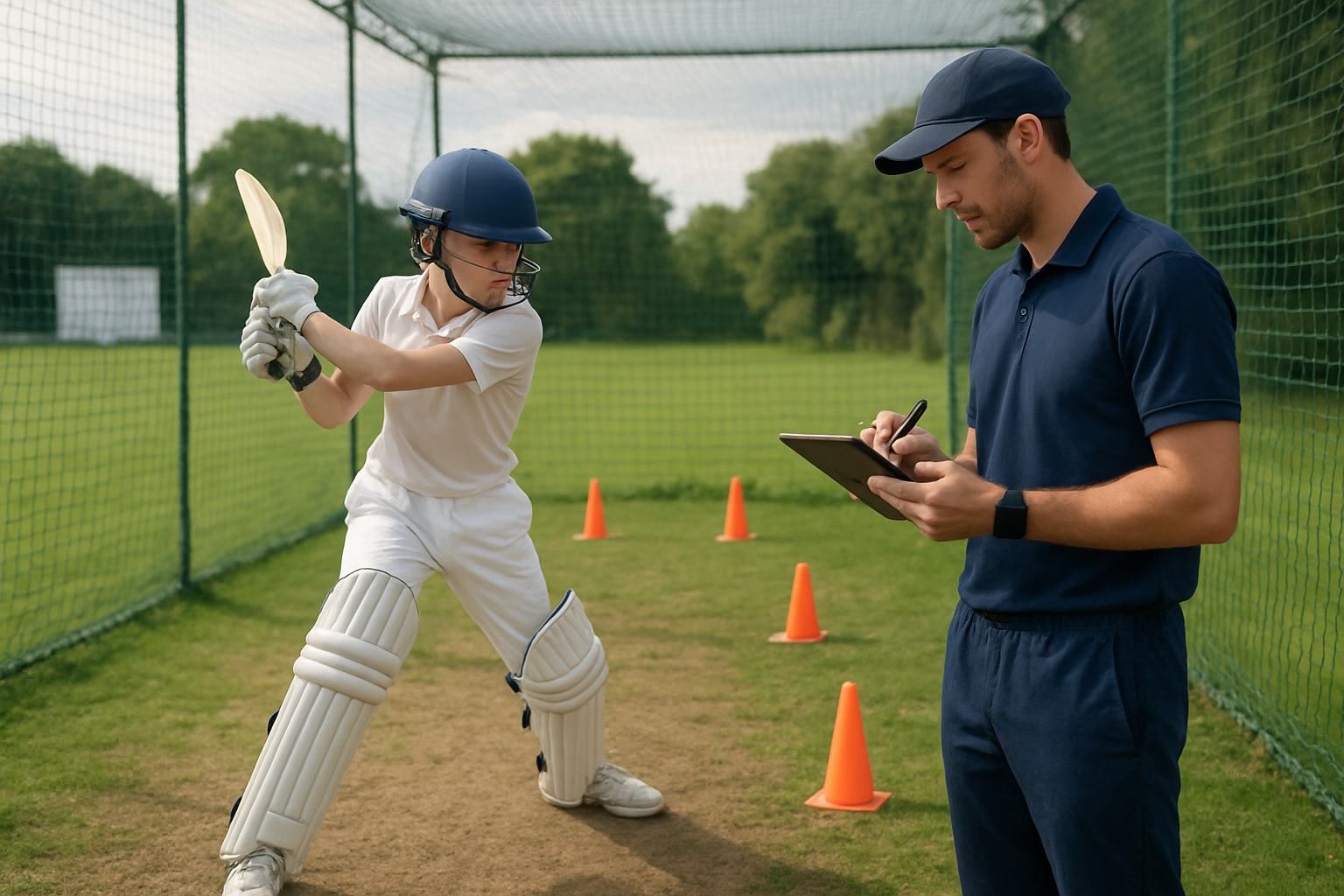 Young cricketer practicing batting skills during nets with coach observing in grassroots cricket academy